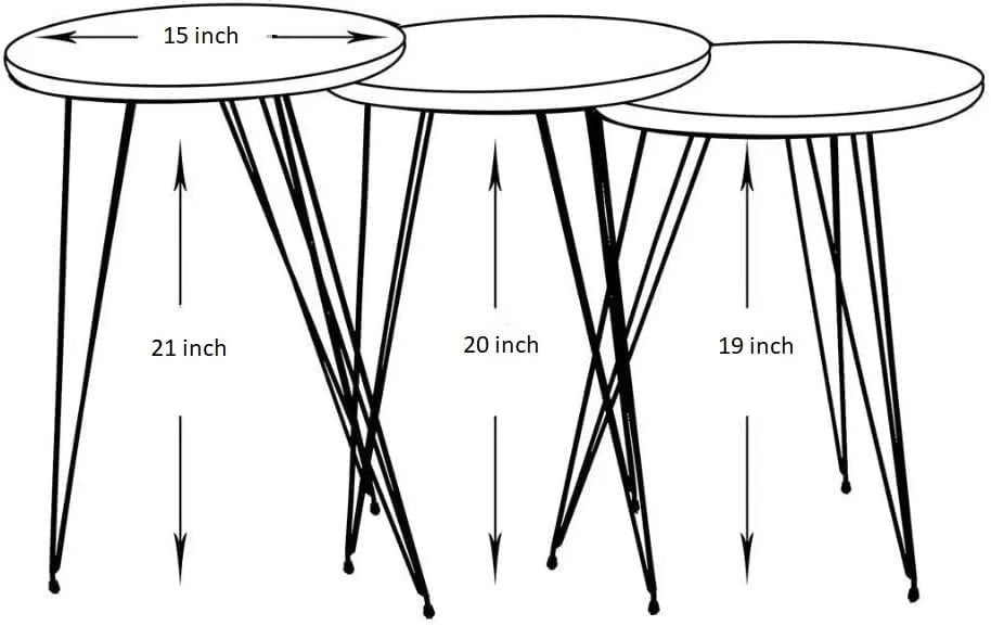 Infographic showing the 17, 19, and 21-inch heights of the three nesting marble tables.