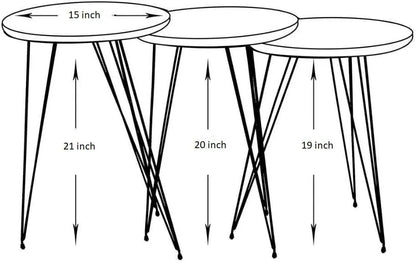 Infographic showing the 17, 19, and 21-inch heights of the three nesting marble tables.