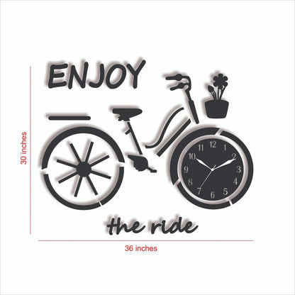 Creative Bicycle Wall Clock with Enjoy The Ride Text – Large Wooden Wall Decor