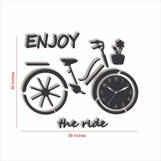 Creative Bicycle Wall Clock with Enjoy The Ride Text – Large Wooden Wall Decor