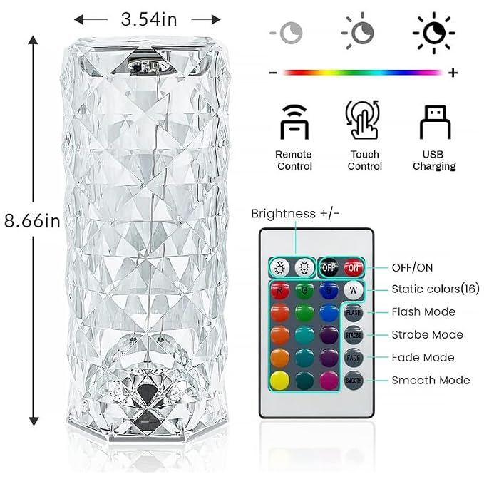 A faceted clear cylindrical light fixture with dimension labels of 8.66 inches tall and 3.