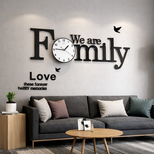 We Are Family large wall clock in matte black MDF wood with a clear white dial.
