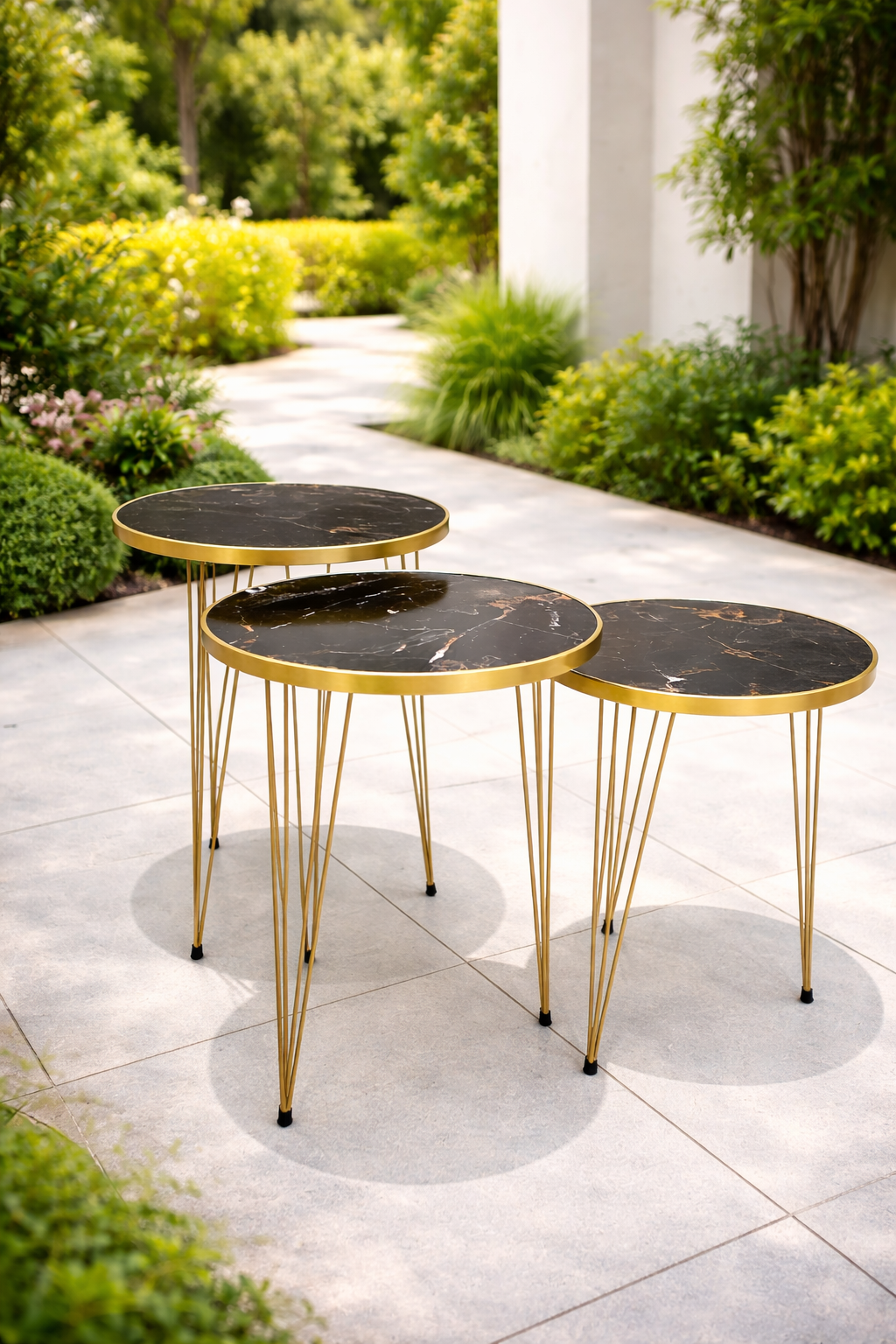Close-up of high-gloss UV-coated wooden tabletop with white marble texture and gold rim detailing.