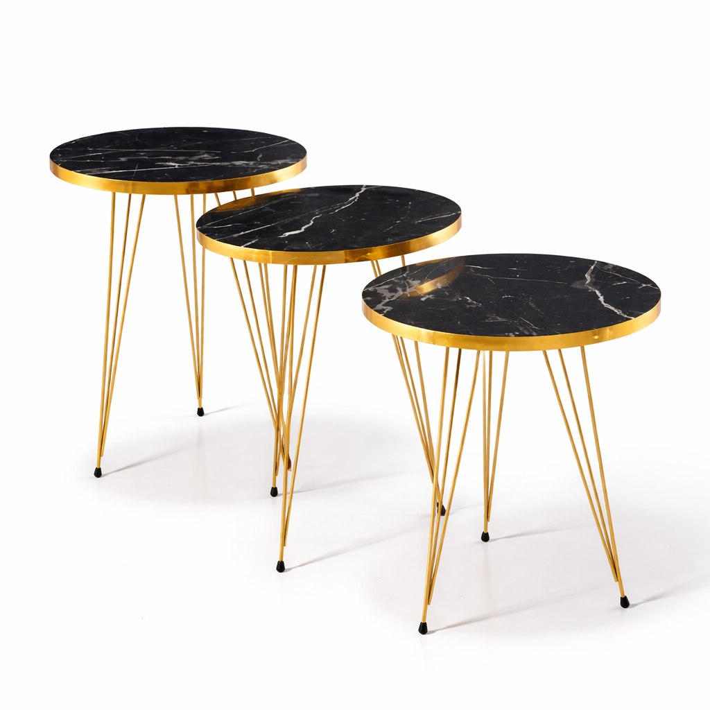 Close-up of high-gloss UV-coated wooden tabletop with white marble texture and gold rim detailing