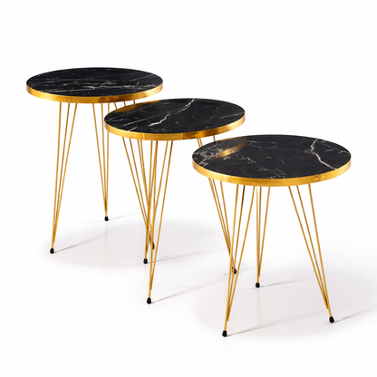 Close-up of high-gloss UV-coated wooden tabletop with white marble texture and gold rim detailing