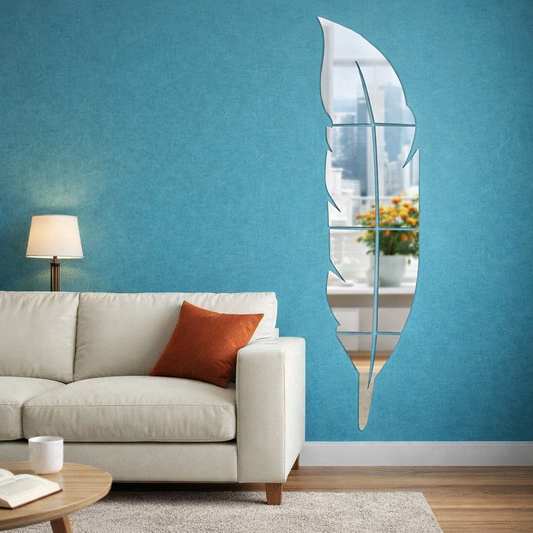 Modern silver leaf mirror wall decor installed in a stylish living room with 1-inch spacing between pieces.