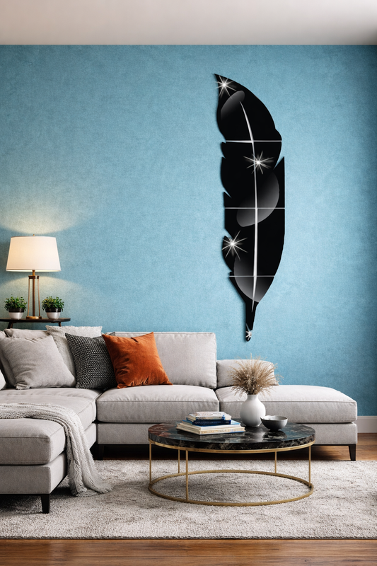 Premium black acrylic leaf mirror with a sleek reflective surface and detailed leaf pattern