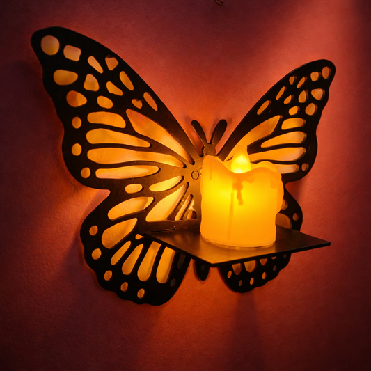 6x6 inch Butterfly LED candle wall shelf made of black MDF wood with a flickering flameless candle.