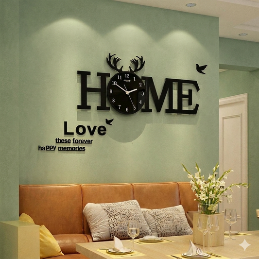 Large 'Home' wall clock in all-matte black MDF wood with a matching black clock dial.
