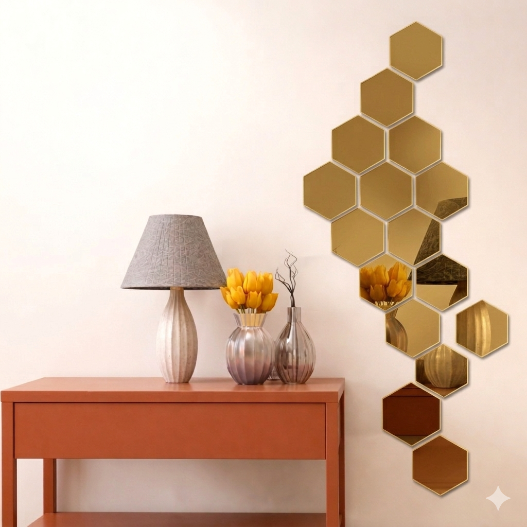 Set of golden acrylic hexagon mirror wall stickers arranged in a geometric honeycomb pattern.