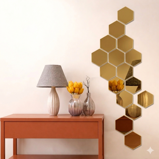 Set of golden acrylic hexagon mirror wall stickers arranged in a geometric honeycomb pattern.