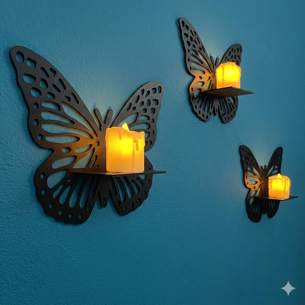 Small butterfly floating shelf with LED candle glowing in a dark bedroom for a cozy atmosphere.