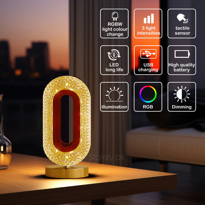 Decorative LED lamp with features displayed on a table at night
