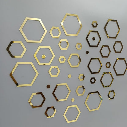 Golden Hexagon Wall Art Set – Modern Mirror Decor