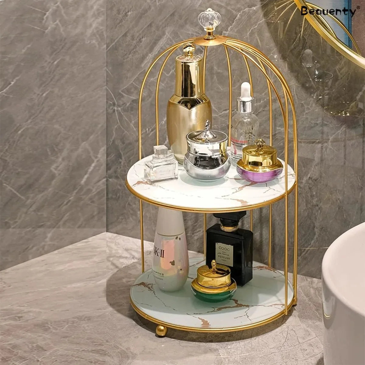 2-Tier Bird Cage Cosmetics Organizer – Makeup Holder, Cake Stand & Decorative Display