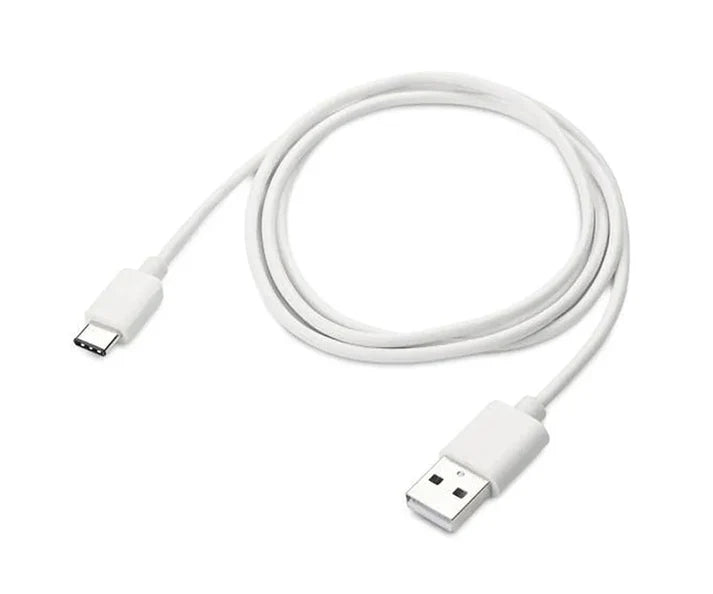 A white USB Type-C to USB-A charging cable coiled on a plain white background.